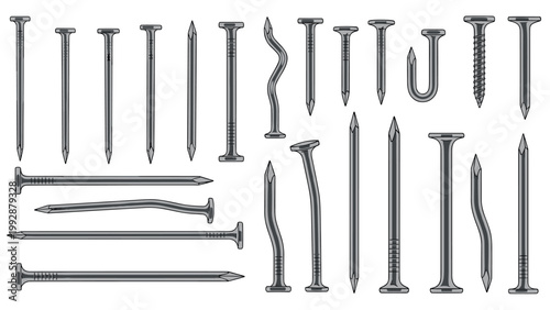 Collection of various steel hardware nails including common nails, finish nails, roofing nails, and bent ones on white background.