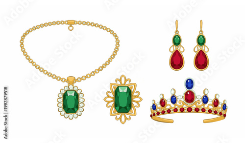 Luxury gold jewelry set with emerald ruby sapphire necklace earrings brooch and royal diadem vector illustration