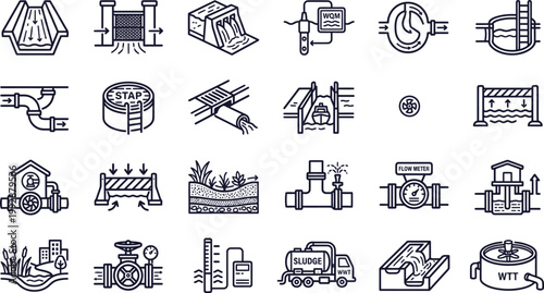 Urban water management vector icons set, rainwater canals, drainage systems, pumps, filtration, flood control, treatment tanks, hydraulic CAD symbols