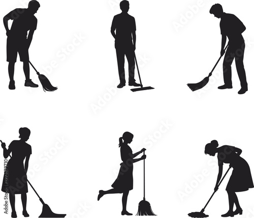 Set of Professional Cleaning Service Person Silhouettes Featuring Men and Women Sweeping and Mopping Floor for Janitorial and Housekeeping Graphics.
