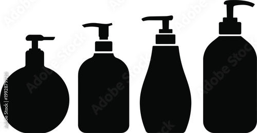 Set of Cosmetic Pump Bottle Silhouettes Featuring Liquid Soap Lotion and Shampoo Dispenser Vector Icons for Beauty Product Packaging Design.