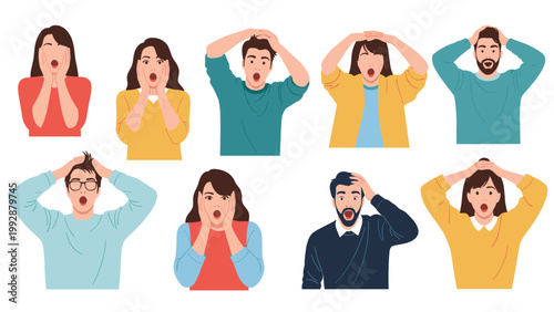 Group of diverse people with shocked and surprised facial expressions with hands on their heads and faces in amazement.
