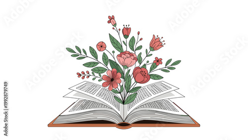 Beautiful hand drawn illustration of an open book with vibrant pink flowers and green leaves growing from the center of its pages.