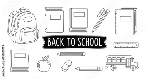 Back to school supplies illustration with backpacks books and a school bus