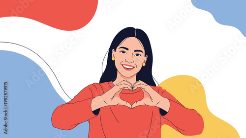 Smiling young woman with dark hair wearing a red sweater making a heart gesture with her hands against a colorful abstract background.
