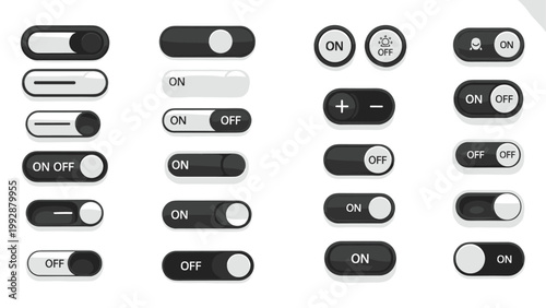 Collection of dark mode user interface elements including toggle switches, radio buttons, and slider controls in black and white.
