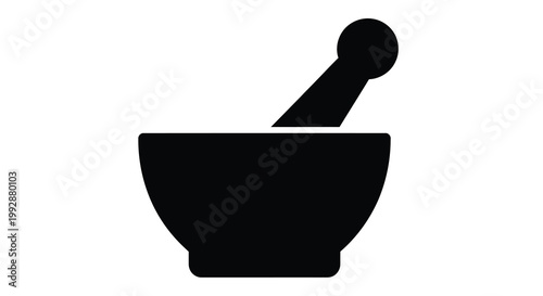 A simple black silhouette depicts a traditional mortar and pestle commonly used for grinding ingredients high quality professional