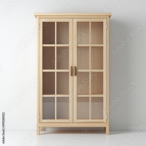 Light wood cabinet with glass doors and wooden handles standing against white wall, modern storage furniture with clean design and natural finish