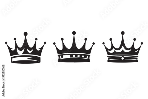 Royal crown vector set, black king and queen headwear silhouettes, elegant imperial coronet icons for luxury branding and heraldry design