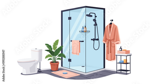 Modern minimalist bathroom interior featuring a glass shower cabin, white toilet, green potted plant, and a bathrobe on a hanger.