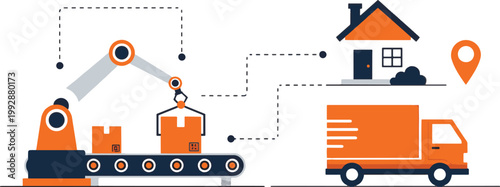 Delivery service illustration truck house and robotic arm logistics