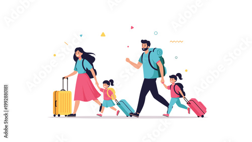 Happy family with two young children walking together while carrying colorful suitcases and backpacks for their travel adventure.