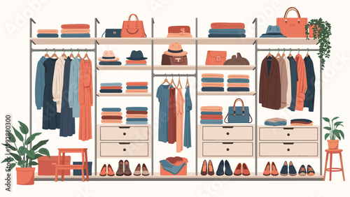 Organized walk-in closet interior showing a wide variety of clothing, shoes, handbags, and accessories neatly on shelves.