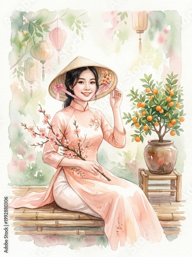 A Vietnamese áo dài portrait with nón lá with peach blossoms and kumquat tree, soft light, minimal composition, watercolor style

