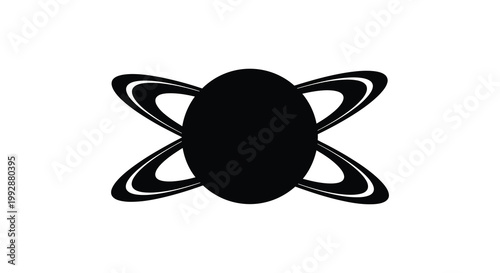 A striking black silhouette of saturn with prominent rings against a white background silhouette