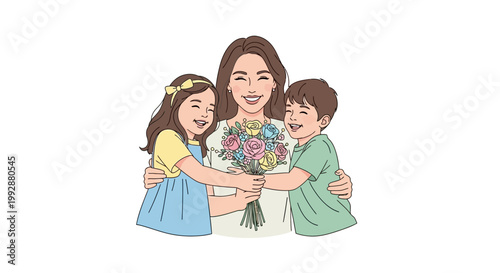 A smiling mother is tenderly embraced by her daughter and son while holding a colorful bouquet of flowers, illustrated with soft pastel colors against a clean white background