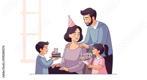 A cartoon family celebrates a mother's birthday with a cake and flowers in a brightly lit room, the scene rendered in a clean, modern style with gentle color palettes and a focus