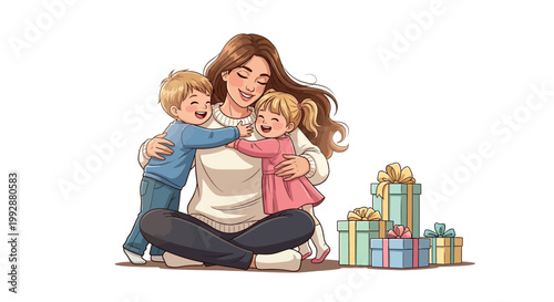 Cartoon illustration of a smiling mother sitting cross-legged, lovingly embracing her two young children near a stack of wrapped gifts against a clean white background, rendered