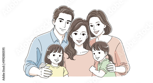 Illustration of a happy family group portrait, featuring two parents embracing their daughters in a cheerful pose against a clean white background with soft, pastel colors and simple line