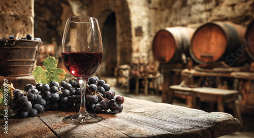 Glass of red wine with dark grapes on old wooden table in rustic cellar with barrels and stone walls creating warm atmosphere