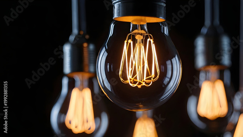 Close-up of glowing light bulb in dark idea concept innovation theme