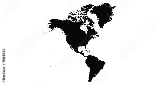A stark black silhouette of the american continents against a white background silhouette