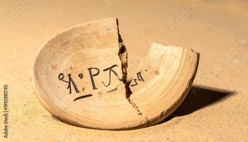 Ancient broken pottery shard inscribed with single Demotic word, an archaeological fragment.