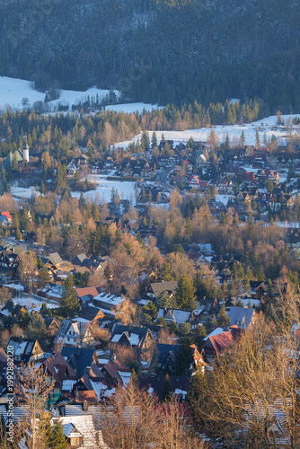 Snow covers rooftops in a small town during winter days with trees and hills in the background. Zakopane, Poland. Tatra mountains