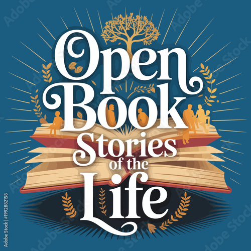 Open Book with Silhouettes and Tree of Life Keywords: open book, stories, life, tree of life