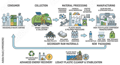 Tableau sur toile Plastic recycling and polymer processing infographic showing circular economy fr