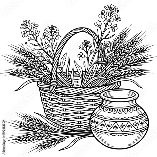 Harvest Bounty: A beautifully illustrated basket overflowing with wheat, accompanied by a decorative pot, showcasing the essence of a bountiful harvest.