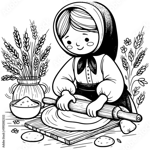 Baking Woman with Wheat: A detailed monochrome illustration of a woman engrossed in baking, set in a cozy, rustic kitchen scene. She rolls out dough, surrounded by wheat, hinting at homemade goodness.