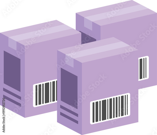 A set of three purple cardboard delivery boxes in an isometric flat style, each featuring a barcode and shipping label. It represents warehouse inventory management and bulk shipping.
