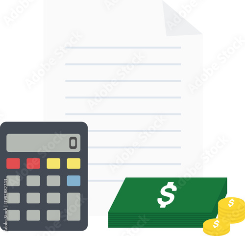 Financial Accounting and Budget Planning Vector Illustration with Calculator and Cash. It represents financial auditing, tax preparation, budget management, and business accounting.
