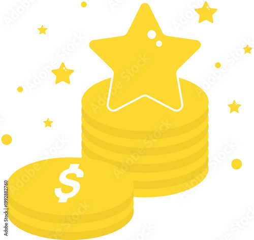 Stack of Gold Coins with Star Reward and Dollar Sign Vector Illustration. It represents financial rewards, loyalty points, gaming currency, bonus achievements, and wealth success.