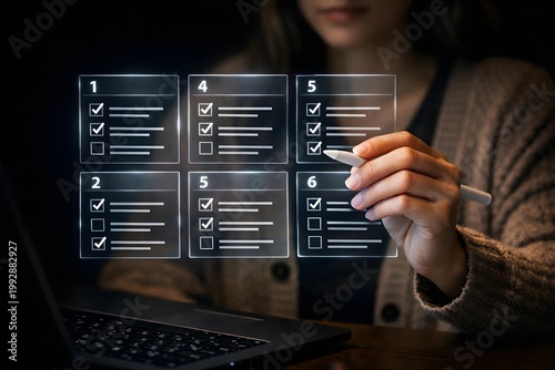 Woman is attentively checking off items on a holographic digital checklist interface with multiple glowing boxes, indicating task completion and project progress.