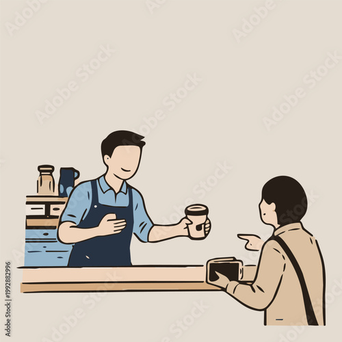 Cafe barista serving coffee to customer at counter hand drawn minimal illustration