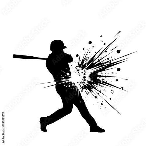 Baseball player silhouette hitting ball with explosive impact