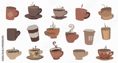 Hand drawn coffee cup doodle vector collection with steaming mugs in cozy sketch style isolated on white