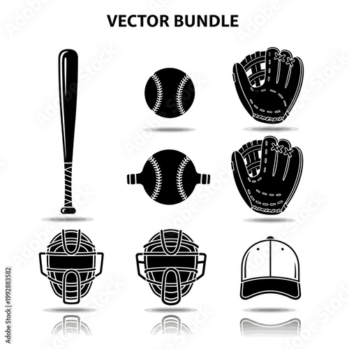 Baseball Equipment Vector Icons Set: Bat, Ball, Gloves, Catcher's Gear, Cap