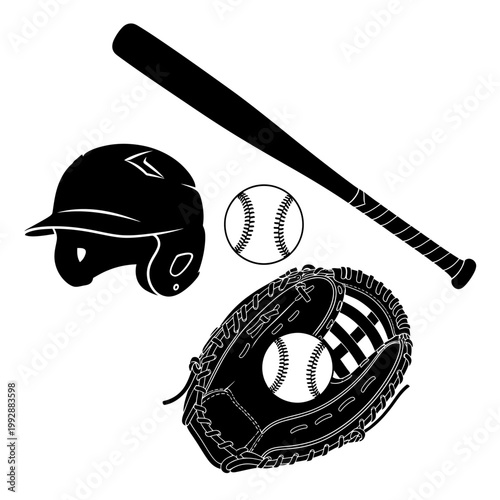 Baseball Gear Silhouette: Bat, Helmet, Glove, and Ball on White Background