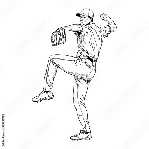 Baseball pitcher in action, throwing a ball, dynamic pose, black and white sketch
