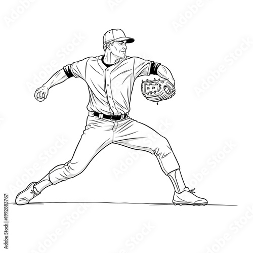 Baseball pitcher in action, throwing a pitch during a game, dynamic pose, black and white illustration