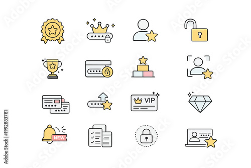 Subscription & Membership Icon Pack – Premium Badge, Unlock & Plan Upgrade Symbols, Minimal Flat Vector, Clean Modern UI Design, Transparent Background