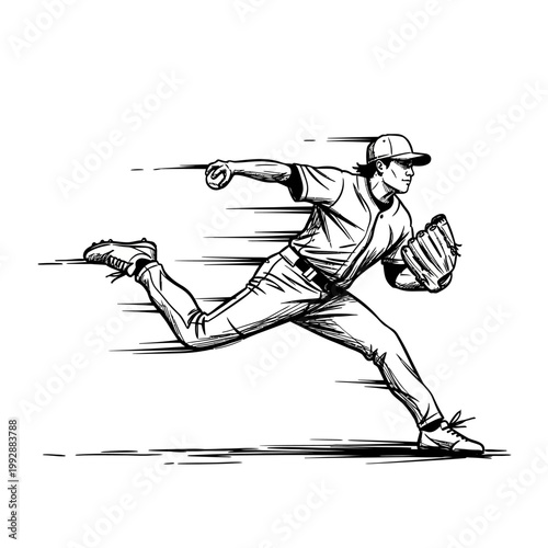 Baseball pitcher in motion, throwing a ball with speed lines, dynamic action shot