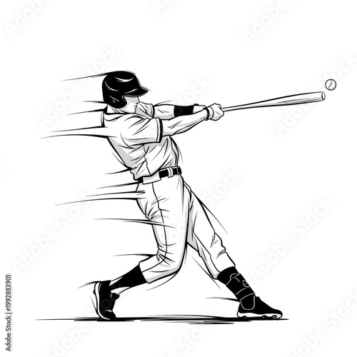 Baseball player swinging bat at ball, dynamic motion blur, action shot