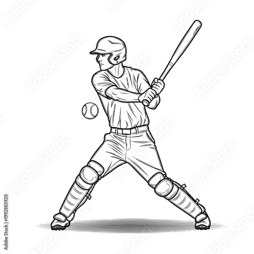 Baseball player swinging bat at ball, ready to hit, action shot, sports illustration