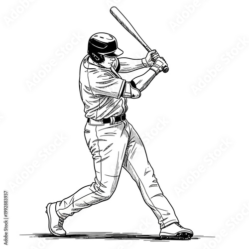 Baseball player swinging bat during game, action shot, outdoor stadium, sports illustration