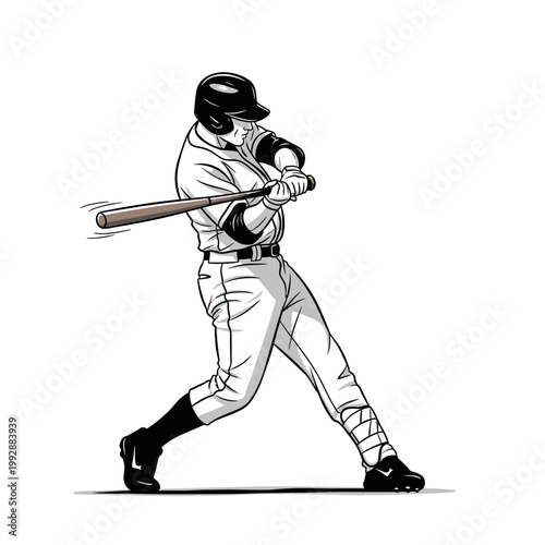 Baseball player swinging bat during game, action shot, dynamic pose, black and white illustration