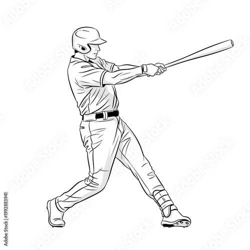 Baseball player swinging bat during game, action shot, dynamic pose, black and white illustration